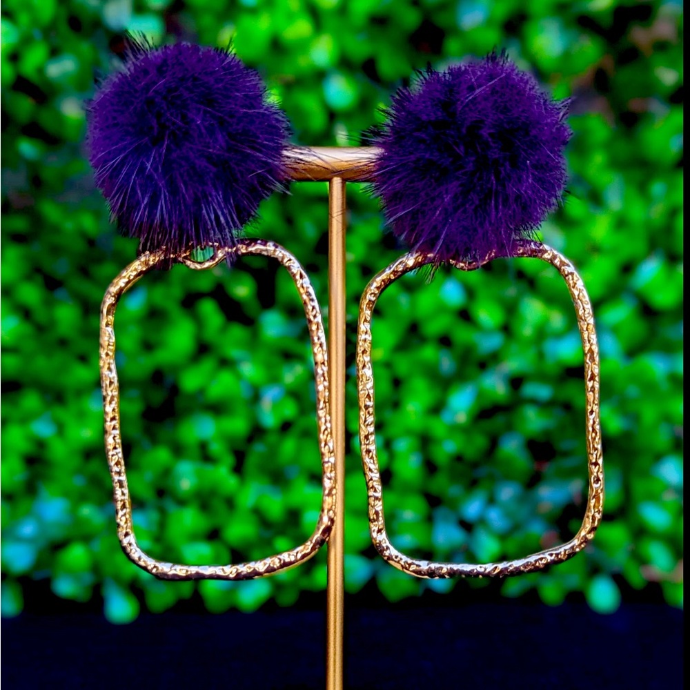 Gold and Violet PomPom Earrings